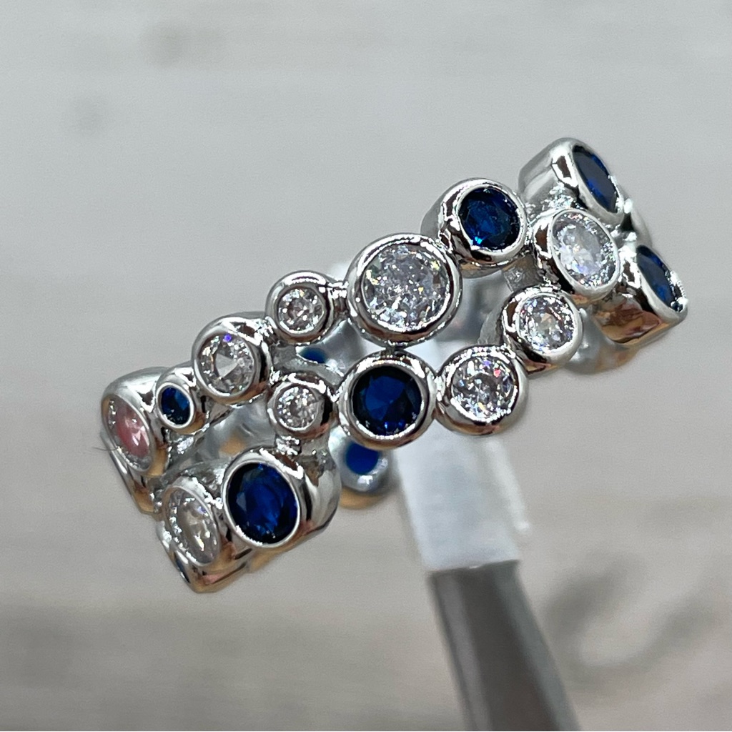 Silver Sapphire Blue Diamond White Cz Eternity Band Bezel Set Stackable Ring
